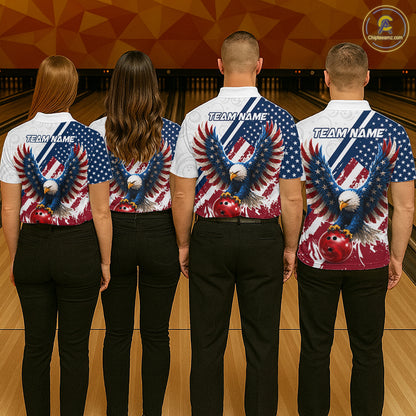 Four people standing from the back in a bowling alley, wearing matching patriotic bowling-themed shirts with bald eagles, stars, stripes, and bowling balls. The shirts have customizable text placeholders and a ChipteeAmz.
