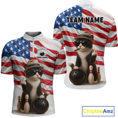 Custom US Flag Funny Cat Bowling Jersey for Men Bowling Uniform Bowling Team Shirts HNT127