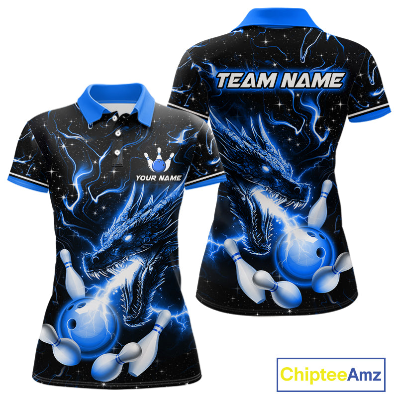 Blue Lightning Dragon Custom Bowling Shirts for Women Bowling Team Jersey Polo & 1/4 Zip HNT671