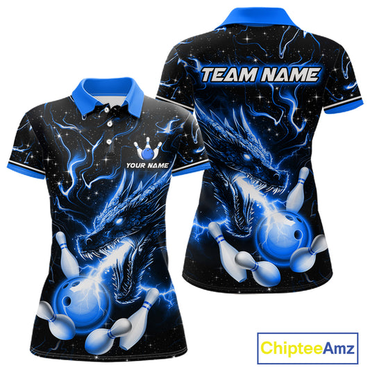 Blue Lightning Dragon Custom Bowling Shirts for Women Bowling Team Jersey Polo & 1/4 Zip HNT671