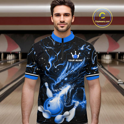 Blue Lightning Dragon Custom Bowling Shirts for Men Bowling Team Jersey Polo & 1/4 Zip HNT671