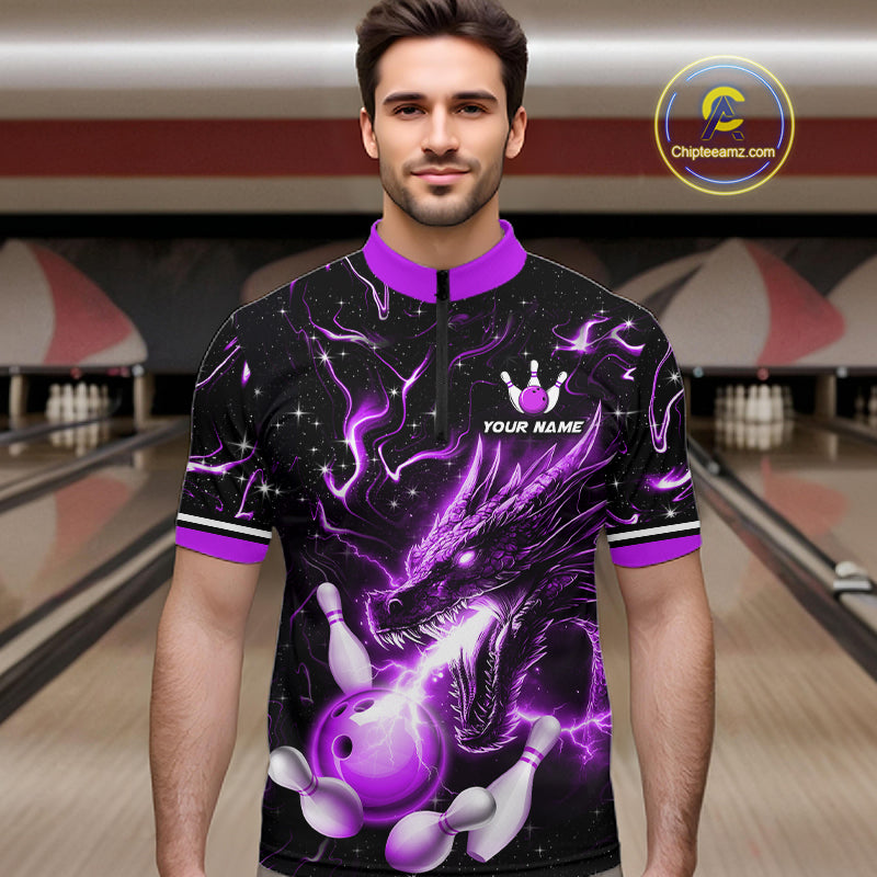 Purple Lightning Dragon Custom Bowling Shirts for Men Bowling Team Jersey Polo & 1/4 Zip HNT671