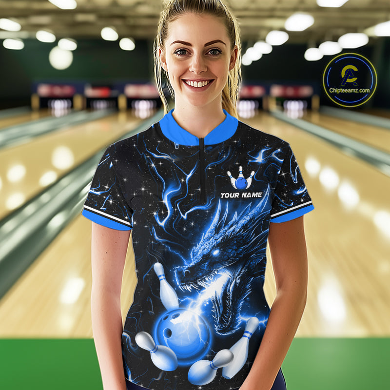 Blue Lightning Dragon Custom Bowling Shirts for Women Bowling Team Jersey Polo & 1/4 Zip HNT671