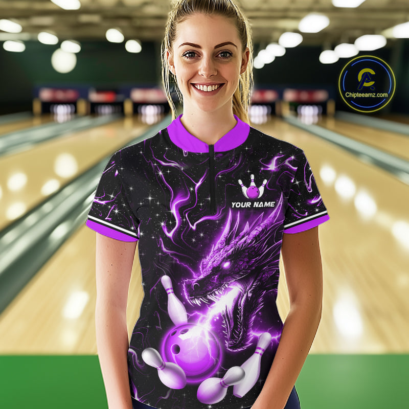 Purple Lightning Dragon Custom Bowling Shirts for Women Bowling Team Jersey Polo & 1/4 Zip HNT671