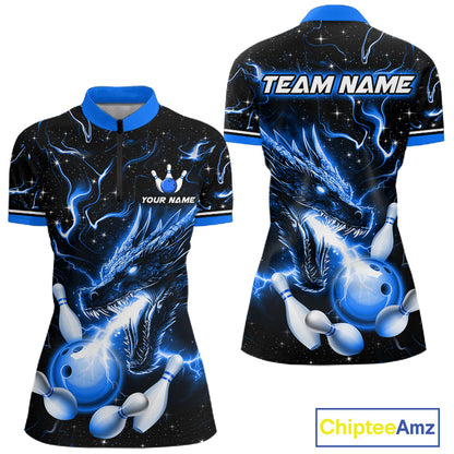 Blue Lightning Dragon Custom Bowling Shirts for Women Bowling Team Jersey Polo & 1/4 Zip HNT671