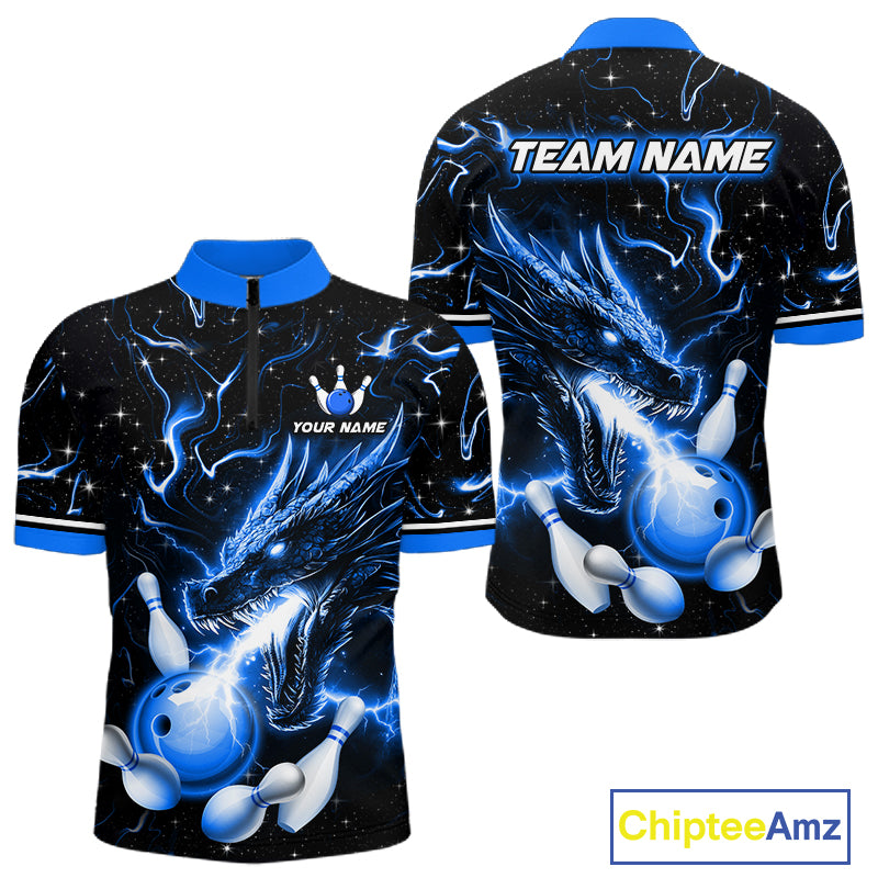 Blue Lightning Dragon Custom Bowling Shirts for Men Bowling Team Jersey Polo & 1/4 Zip HNT671