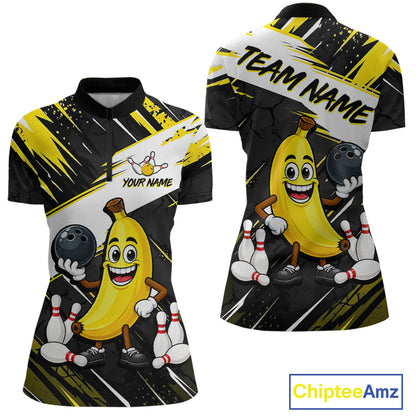 Women quarter zip bowling-themed shirt with cartoon banana character and bowling elements, featuring 'Chiptee Amz' branding.