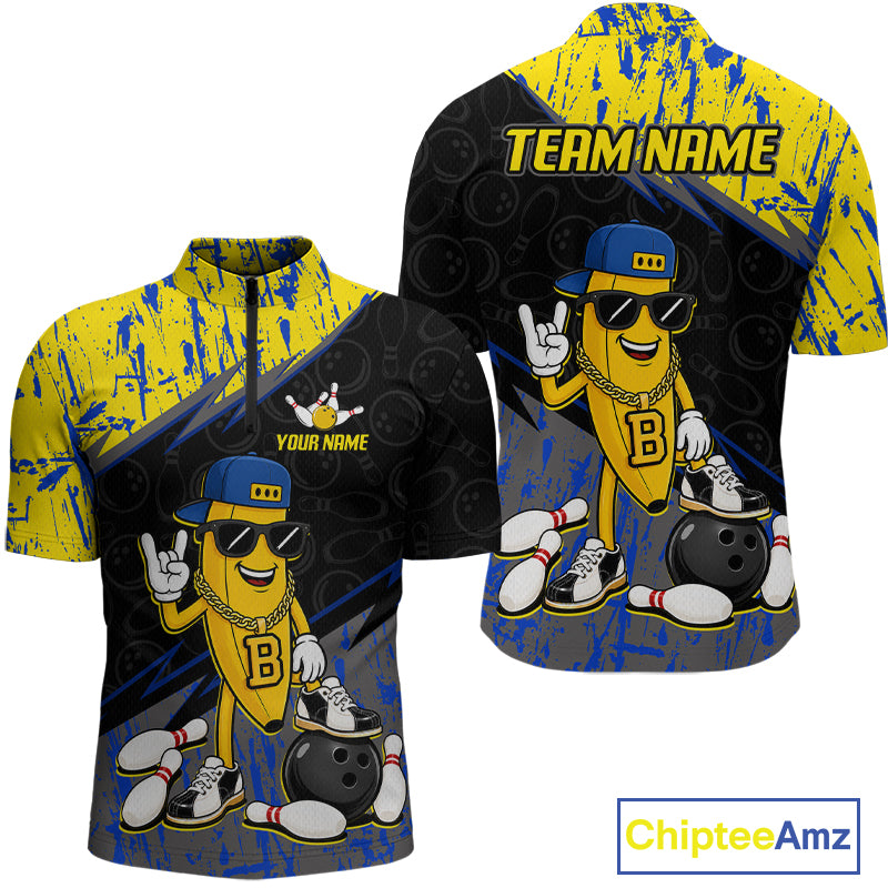 Men quarter zip bowling-themed shirt with cartoon character and customizable text on a white background