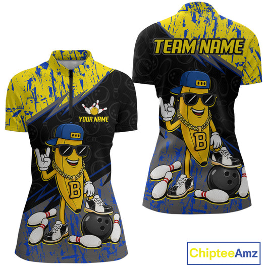 Women polo bowling jersey with cartoon character and customizable text, featuring Chiptee Amz branding.