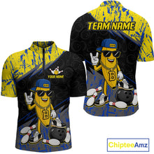 Load image into Gallery viewer, Men quarter zip bowling-themed shirt with cartoon character and customizable text on a white background