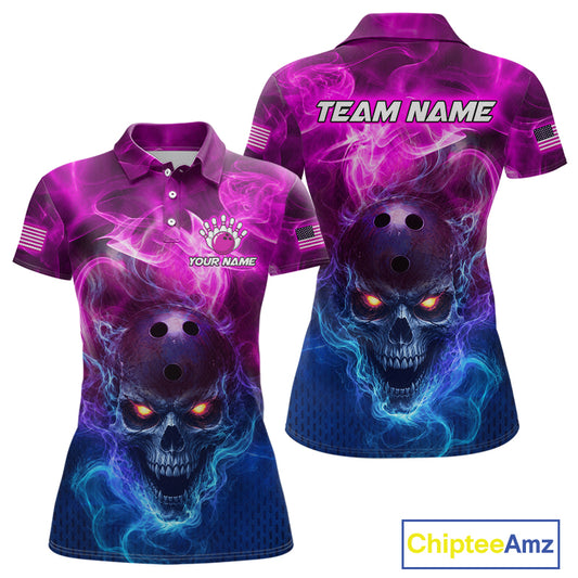 Front and back views of a short-sleeve polo shirt featuring a glowing skull with a bowling ball on its head, surrounded by purple and blue smoke. The shirt has customizable text areas including 'TEAM NAME' on the back and 'YOUR NAME' on the front, with a 'ChipteeAmz' logo in the bottom right corner.