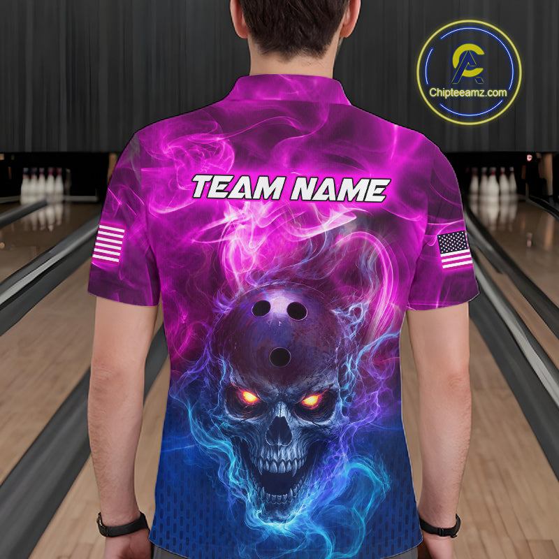 A man viewed from behind wearing a short-sleeve bowling shirt with a vivid purple, pink, and blue skull graphic and the text 'TEAM NAME' across the upper back. The shirt has American flag motifs on both sleeves.