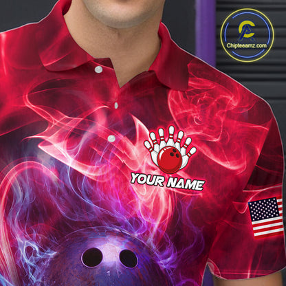 Custom Red Smoke Skull US Flag Bowling Team Shirts Bowling Jersey for Men Bowling League HNT449