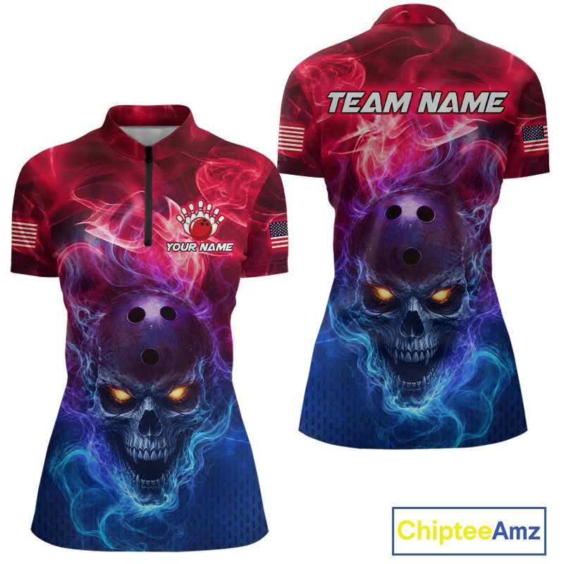 Front and back views of a short-sleeve cycling jersey featuring a dark skull with glowing yellow eyes surrounded by purple and blue smoke, with red and blue smoke effects on the upper body. The back view has 'TEAM NAME' printed across the shoulders and an American flag on the sleeve.