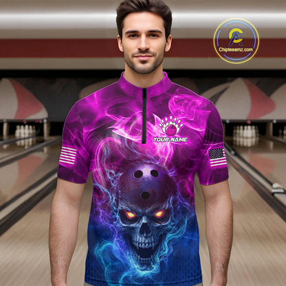 A man wearing a short-sleeve bowling jersey with a purple and blue skull graphic, standing in front of a blurred bowling alley background. The jersey features a black zipper at the collar, a white custom logo on the chest, and American flag prints on the sleeves.