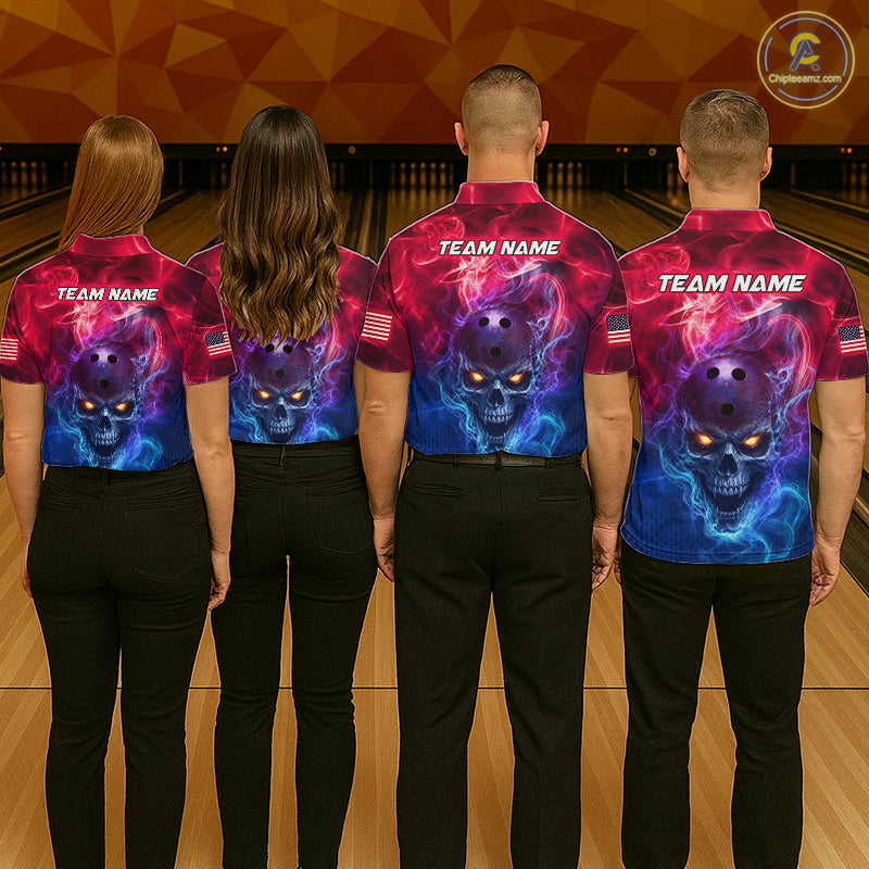 Four people standing from the back in a bowling alley, wearing matching short-sleeve bowling shirts with a vivid purple, pink, and blue skull graphic on the back and 'TEAM NAME' printed across the shoulders.