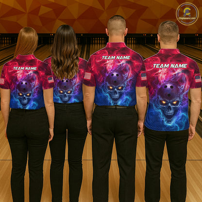 Four people standing from the back in a bowling alley, wearing matching short-sleeve bowling shirts with a vivid purple, pink, and blue skull graphic on the back and 'TEAM NAME' printed across the shoulders.