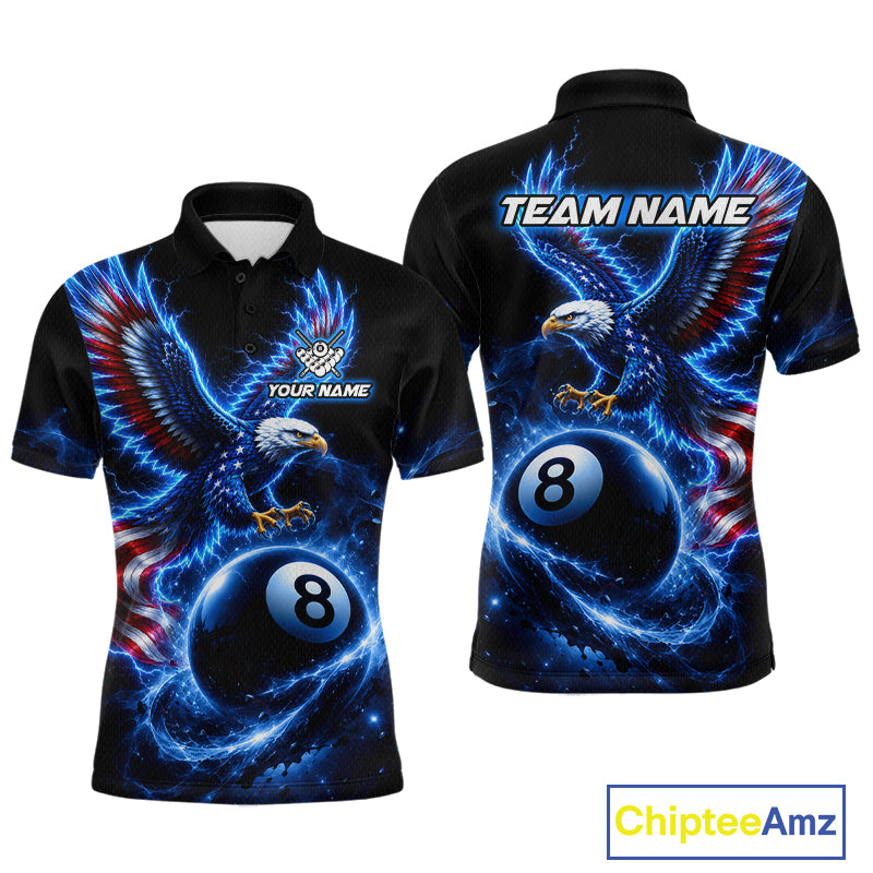 Custom Blue Lightning Eagle US Flag 8 Ball Billiard Shirts for Men Billiard Team Jerseys NNT309