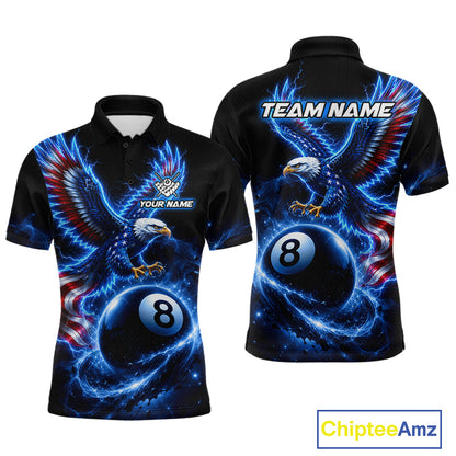 Custom Blue Lightning Eagle US Flag 8 Ball Billiard Shirts for Men Billiard Team Jerseys NNT309