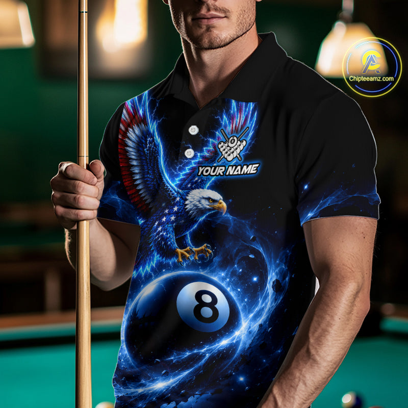 Custom Blue Lightning Eagle US Flag 8 Ball Billiard Shirts for Men Billiard Team Jerseys NNT309