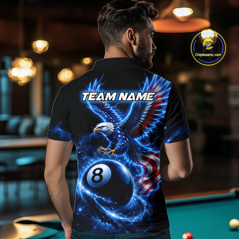 Custom Blue Lightning Eagle US Flag 8 Ball Billiard Shirts for Men Billiard Team Jerseys NNT309