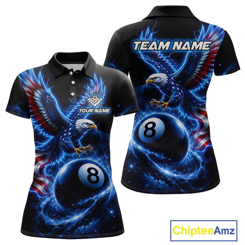 Custom Blue Lightning Eagle US Flag 8 Ball Billiard Shirts for Women Billiard Team Jerseys NNT309