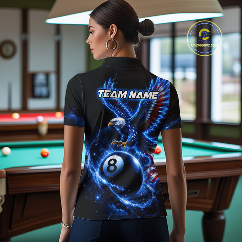 Custom Blue Lightning Eagle US Flag 8 Ball Billiard Shirts for Women Billiard Team Jerseys NNT309