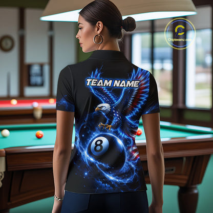 Custom Blue Lightning Eagle US Flag 8 Ball Billiard Shirts for Women Billiard Team Jerseys NNT309