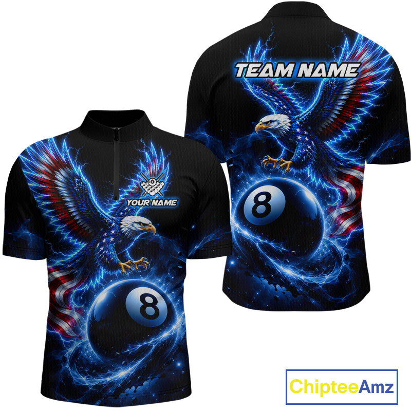 Custom Blue Lightning Eagle US Flag 8 Ball Billiard Shirts for Men Billiard Team Jerseys NNT309