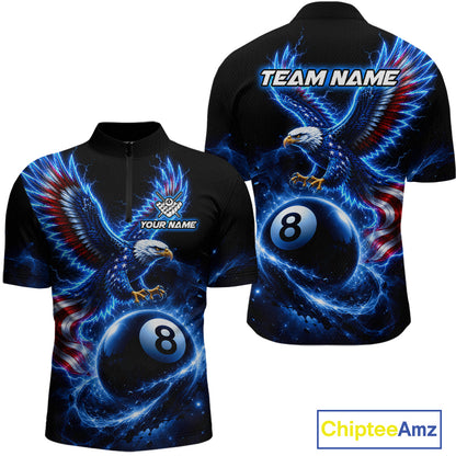 Custom Blue Lightning Eagle US Flag 8 Ball Billiard Shirts for Men Billiard Team Jerseys NNT309