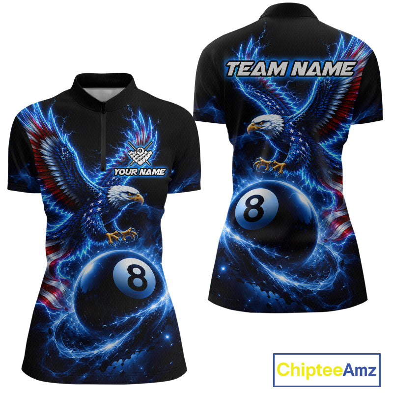 Custom Blue Lightning Eagle US Flag 8 Ball Billiard Shirts for Women Billiard Team Jerseys NNT309