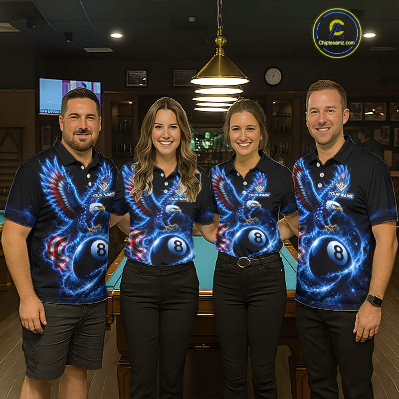 Custom Blue Lightning Eagle US Flag 8 Ball Billiard Shirts for Women Billiard Team Jerseys NNT309