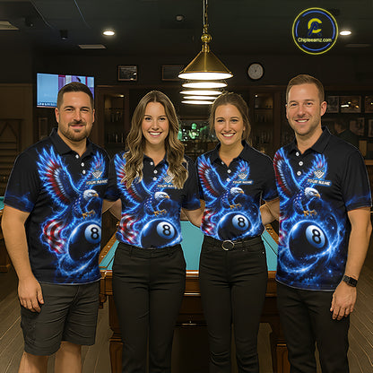 Custom Blue Lightning Eagle US Flag 8 Ball Billiard Shirts for Women Billiard Team Jerseys NNT309