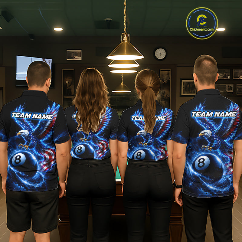 Custom Blue Lightning Eagle US Flag 8 Ball Billiard Shirts for Women Billiard Team Jerseys NNT309