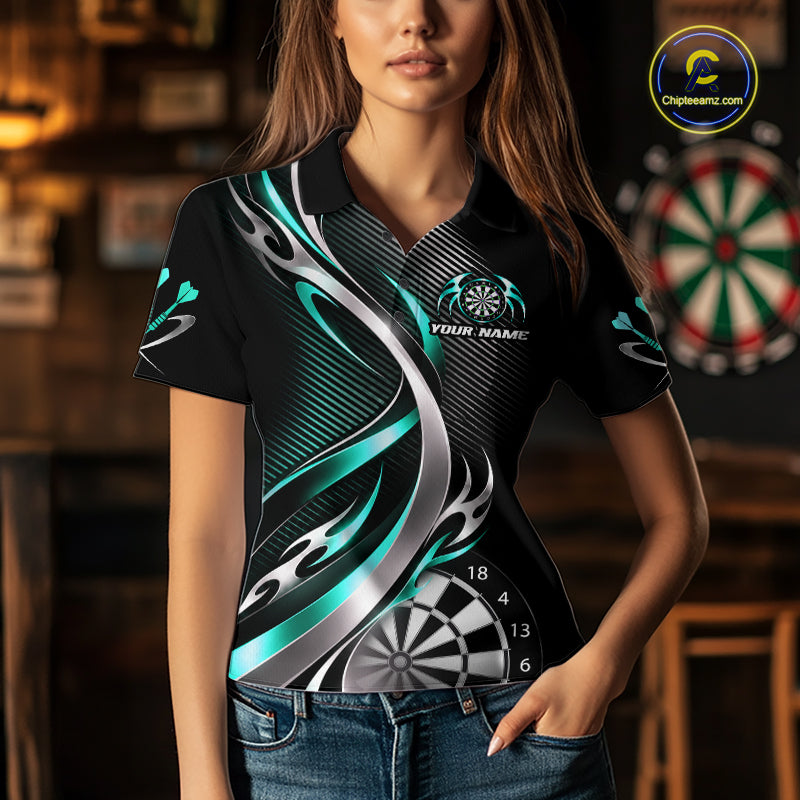 Turquoise and Silver Dartboard Custom Darts Shirt for Women Dart Team Jerseys Dart League Uniform NNT334