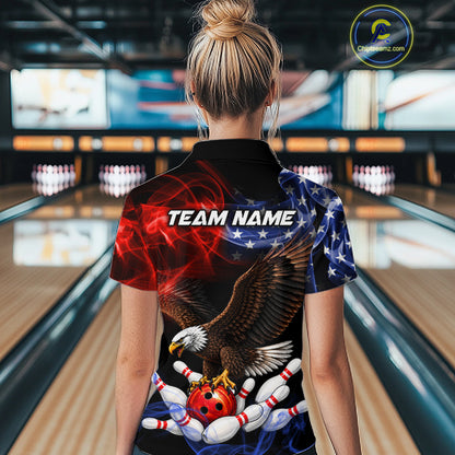 A woman viewed from behind wearing a short-sleeve collared shirt with a patriotic bowling-themed graphic print. The shirt features a bald eagle over bowling pins and a red bowling ball, with a red and blue American flag design and the text 'TEAM NAME' across the upper back.
