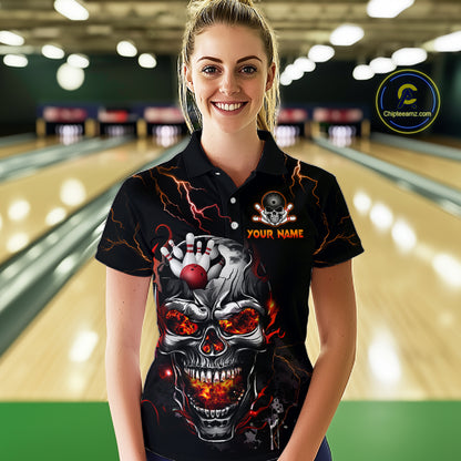 Thunder Bowling Jerseys Women Polo & 1/4 Zip Shirt Skull Bowling Shirt for Women HNT01