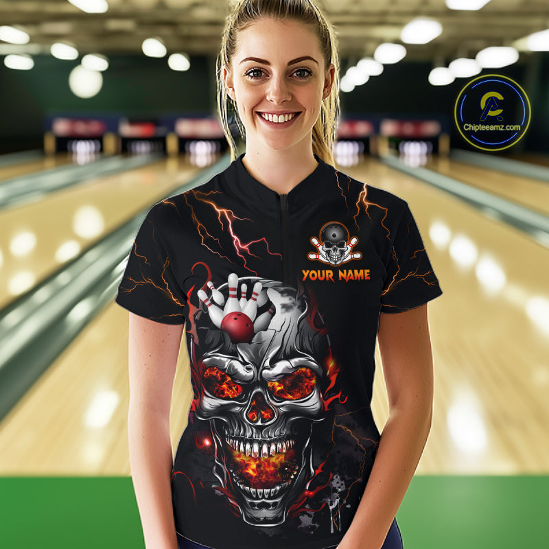 Thunder Bowling Jerseys Women Polo & 1/4 Zip Shirt Skull Bowling Shirt for Women HNT01