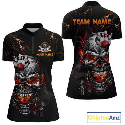 Thunder Bowling Jerseys Women Polo & 1/4 Zip Shirt Skull Bowling Shirt for Women HNT01
