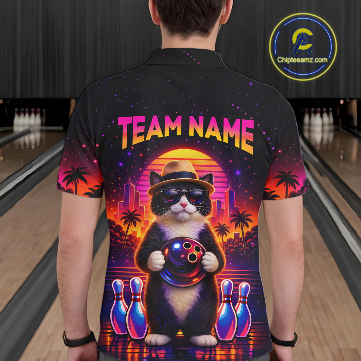 Custom Funny Neon Cat Bowling Jersey for Men Bowling Tournament Polo & 1/4 Zip Bowling Team Shirts HNT210