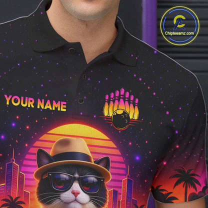Custom Funny Neon Cat Bowling Jersey for Men Bowling Tournament Polo & 1/4 Zip Bowling Team Shirts HNT210