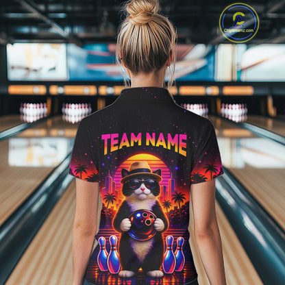 Custom Funny Neon Cat Bowling Jersey for Women Bowling Tournament Polo & 1/4 Zip Bowling Team Shirts HNT210