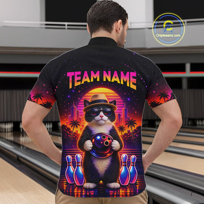 Custom Funny Neon Cat Bowling Jersey for Men Bowling Tournament Polo & 1/4 Zip Bowling Team Shirts HNT210