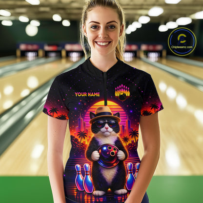 Custom Funny Neon Cat Bowling Jersey for Women Bowling Tournament Polo & 1/4 Zip Bowling Team Shirts HNT210