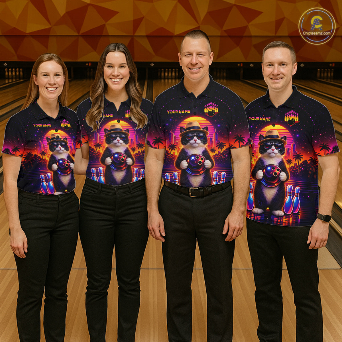 Custom Funny Neon Cat Bowling Jersey for Women Bowling Tournament Polo & 1/4 Zip Bowling Team Shirts HNT210