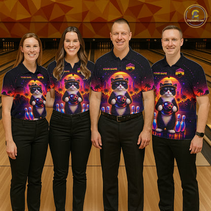 Custom Funny Neon Cat Bowling Jersey for Women Bowling Tournament Polo & 1/4 Zip Bowling Team Shirts HNT210