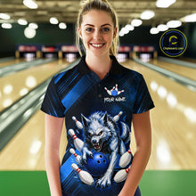 Load image into Gallery viewer, Wolf Bowling Shirts for Women Custom Blue Wolf Bowling Team Jersey Bowling League HNT284