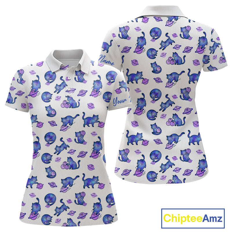White polo shirt with blue cat pattern on a white background, featuring the brand 'Chiptee Amz'.