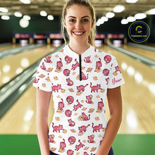 Load image into Gallery viewer, Woman wearing a white shirt with red cat pattern in a bowling alley