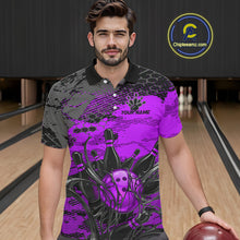 Load image into Gallery viewer, Man wearing a purple and black bowling-themed shirt in a bowling alley.